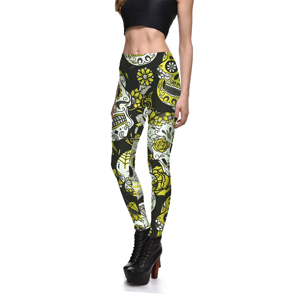 Fashionable Ladies Multicolor Skull Digital Printing Bottoming Cropped Trousers - Multicolor