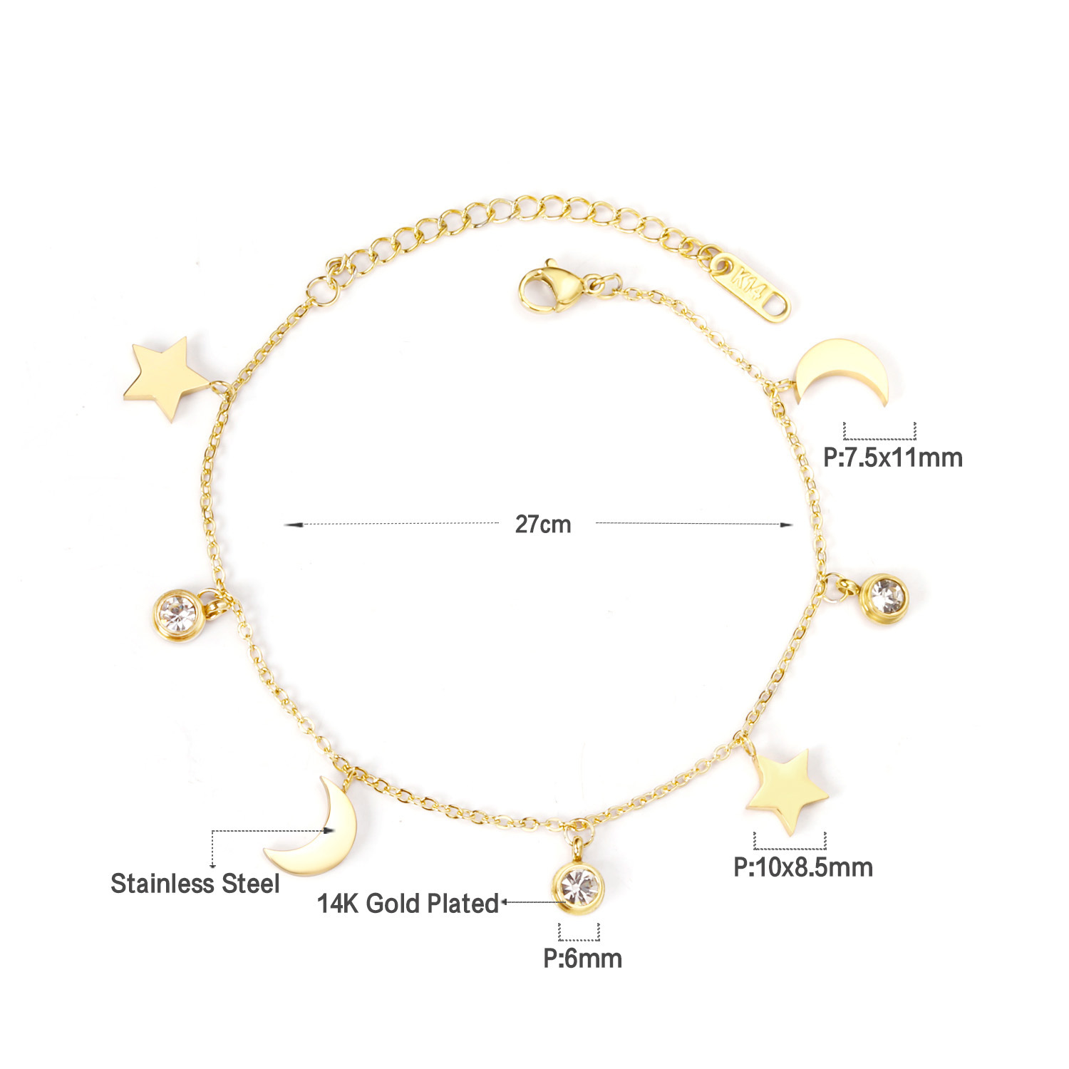 Star and Moon Shaped Accessory Bracelet with Diamond Pendant Bracelet
