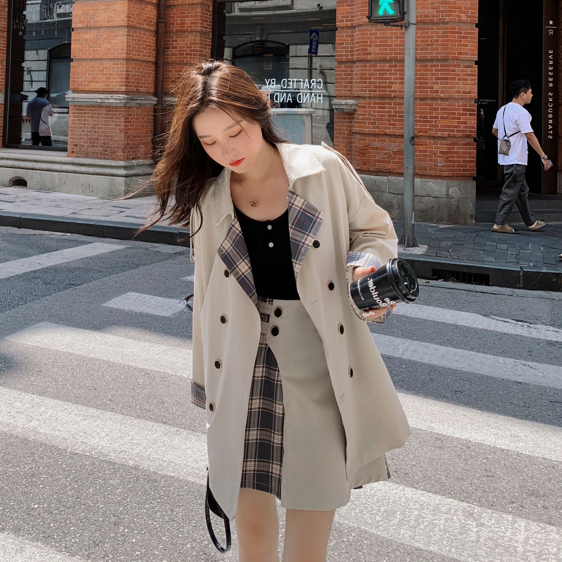 Two-Piece Short Trench Coat Plaid Skirt