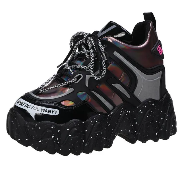 Women Chunky Sneakers Fashion Thick Bottom Lace Up Platform Shoes Gun Color 37 - Shop at LoveMi
