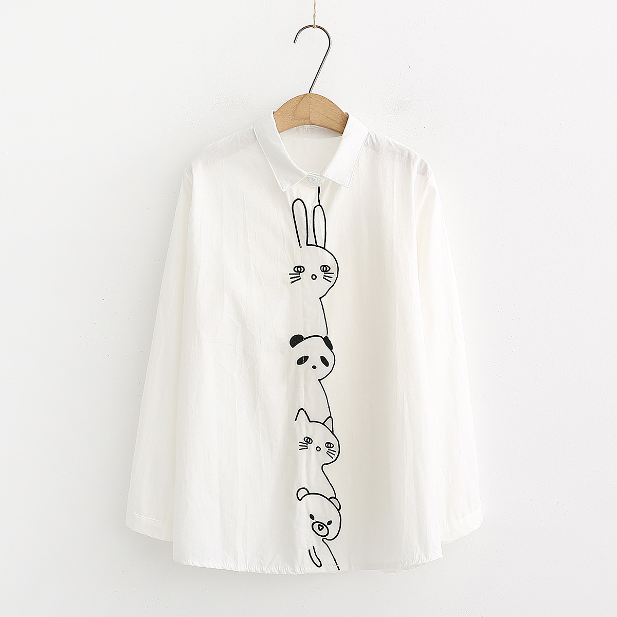 Placket Animal Embroidery White Shirt Base Shirt