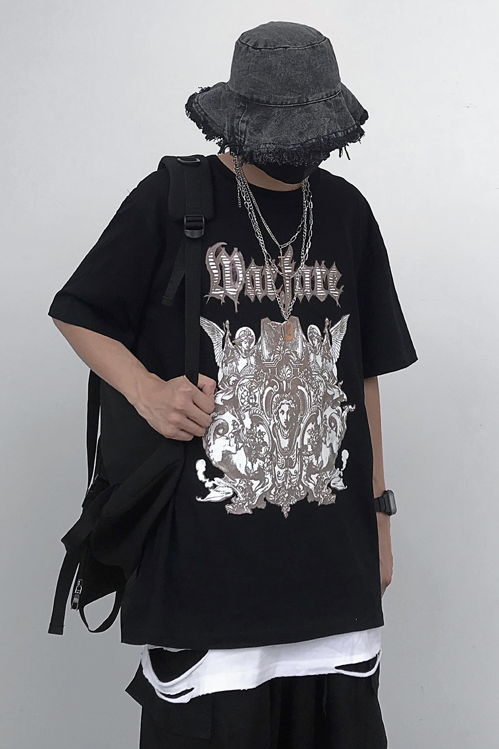 Korean Retro Ins Dark High Street Letter Portrait Print Short Sleeves