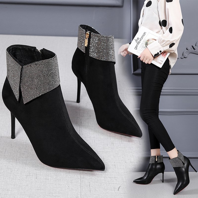 Short tube Pointed High Heels With Rhinestone Stiletto