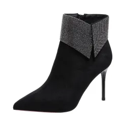 Short tube Pointed High Heels With Rhinestone Stiletto - Black - View 1