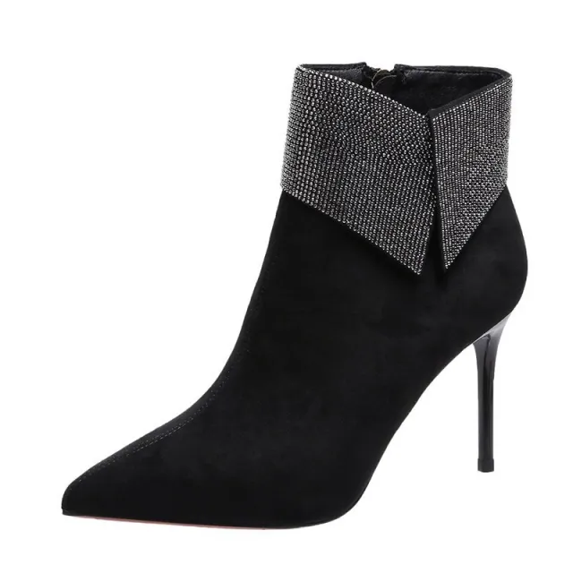 Short tube Pointed High Heels With Rhinestone Stiletto Black - Shop at LoveMi