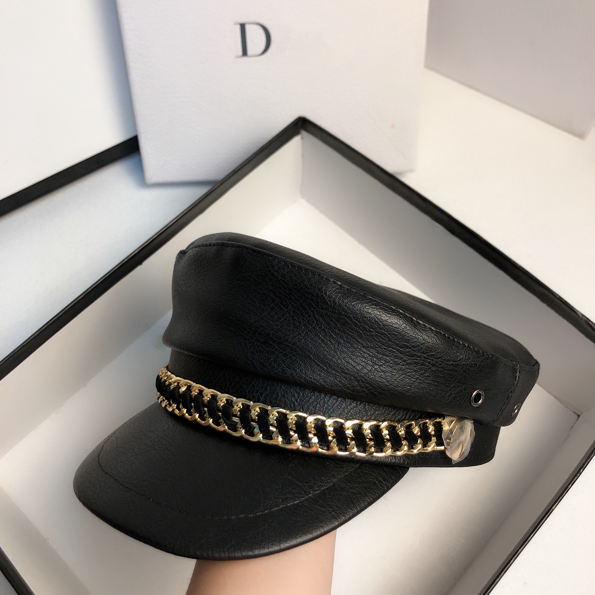 Chain Leather Navy Hat Simple Unisex Men's And Women's Cap