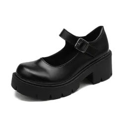 Thick Heel Thick-Soled College Style Retro Small Leather Shoes Women - Black - View 1