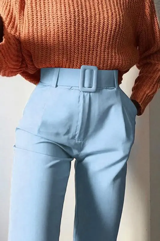 Slim Fit Solid Color High Waist Lace Up Casual Pants Blue - Shop at LoveMi