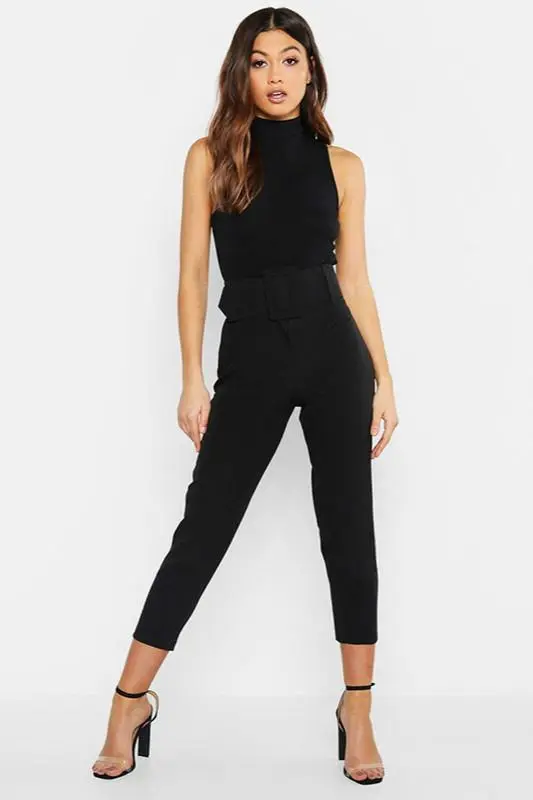 Slim Fit Solid Color High Waist Lace Up Casual Pants Black - Shop at LoveMi