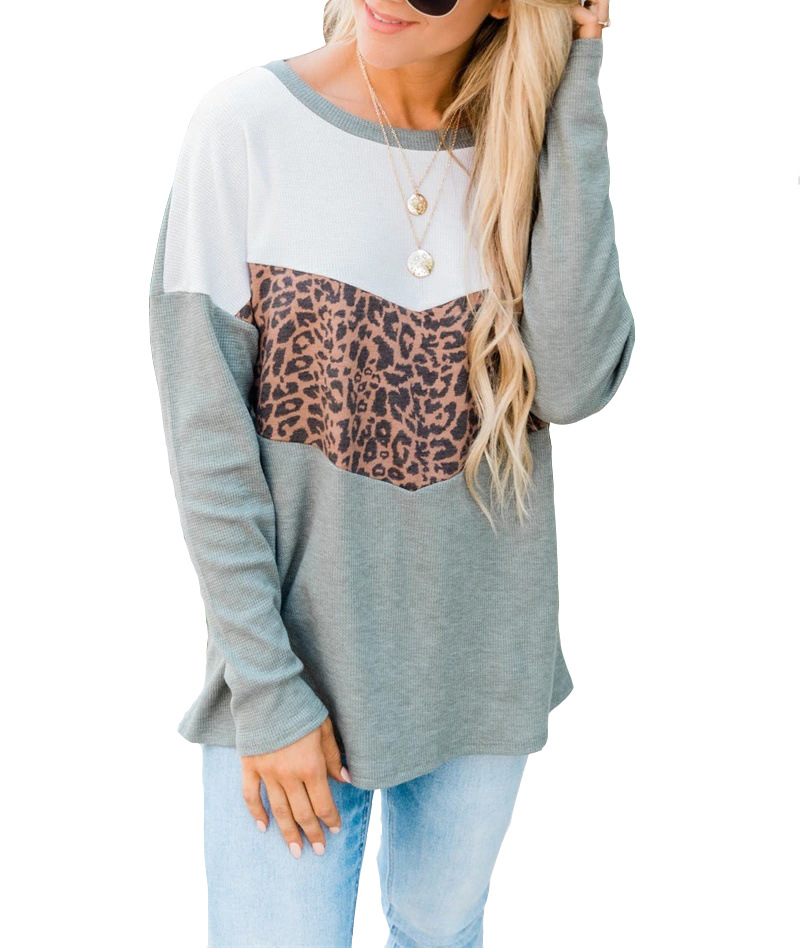 Title 2, Leopard Print Atitching Long-Sleeved T-Shirt