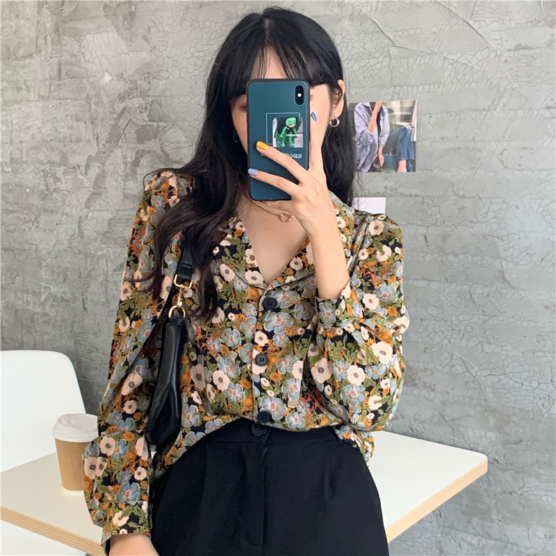 Women's Long-Sleeved Shirt With Retro Flower Shirt With Suit Collar