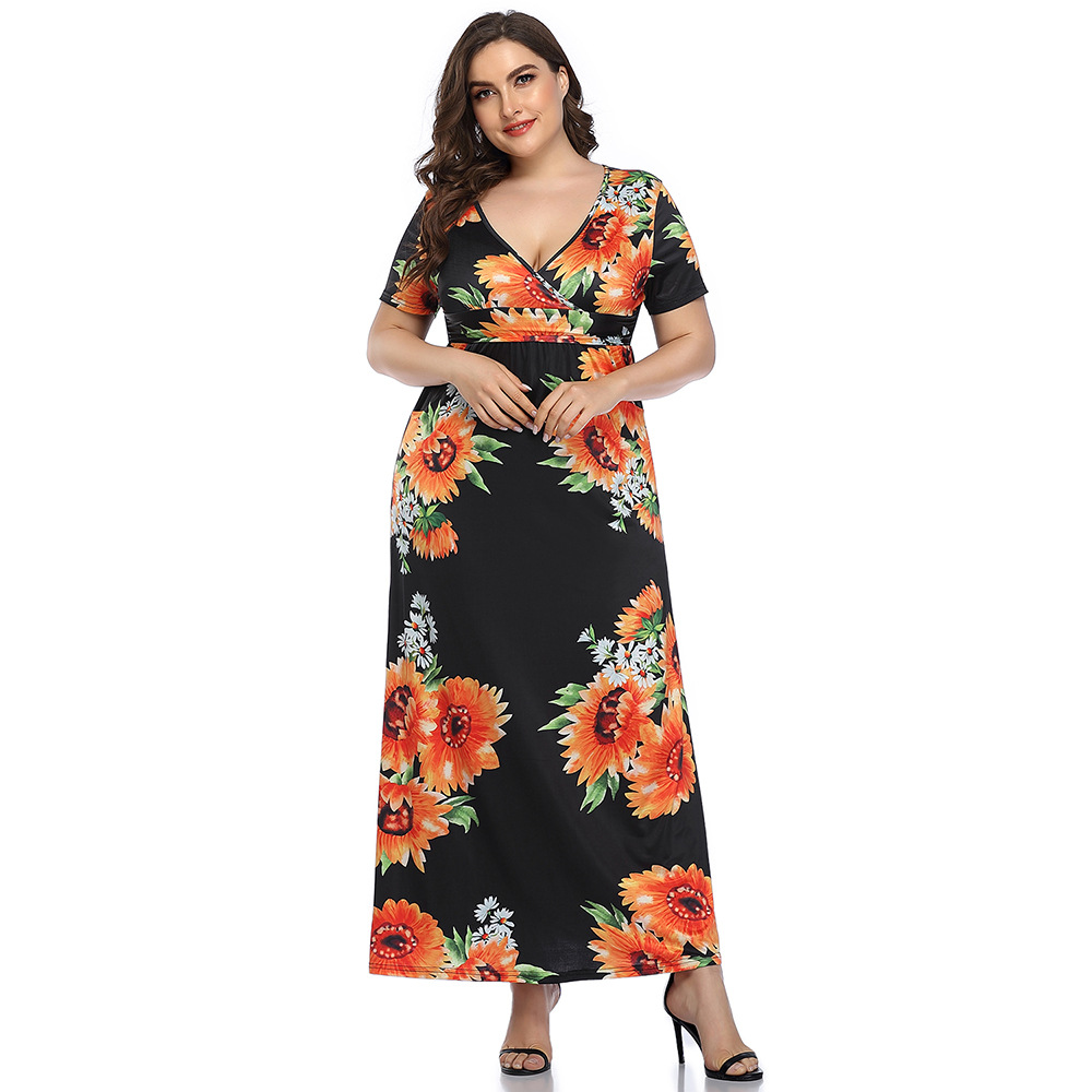 Broken Beautiful Leopard v-Neck Long Dress With Short Sleeves