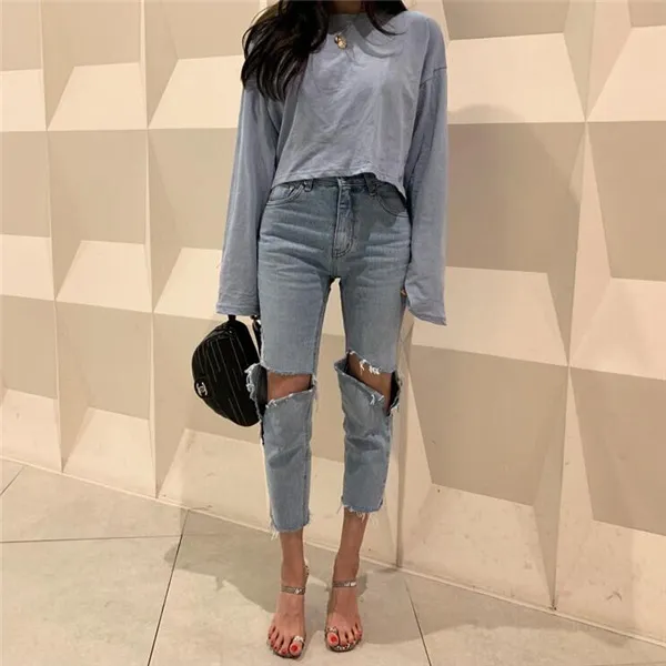High Waist Washed Blue Irregular Ripped Raw Edge Brushed Jeans Blue - Shop at LoveMi
