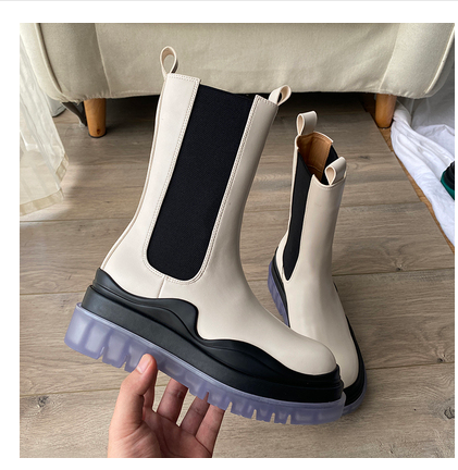 Mid-tube Chelsea Boots Women's Sleeve Stretch British Motorcycle Boots Thick-soled