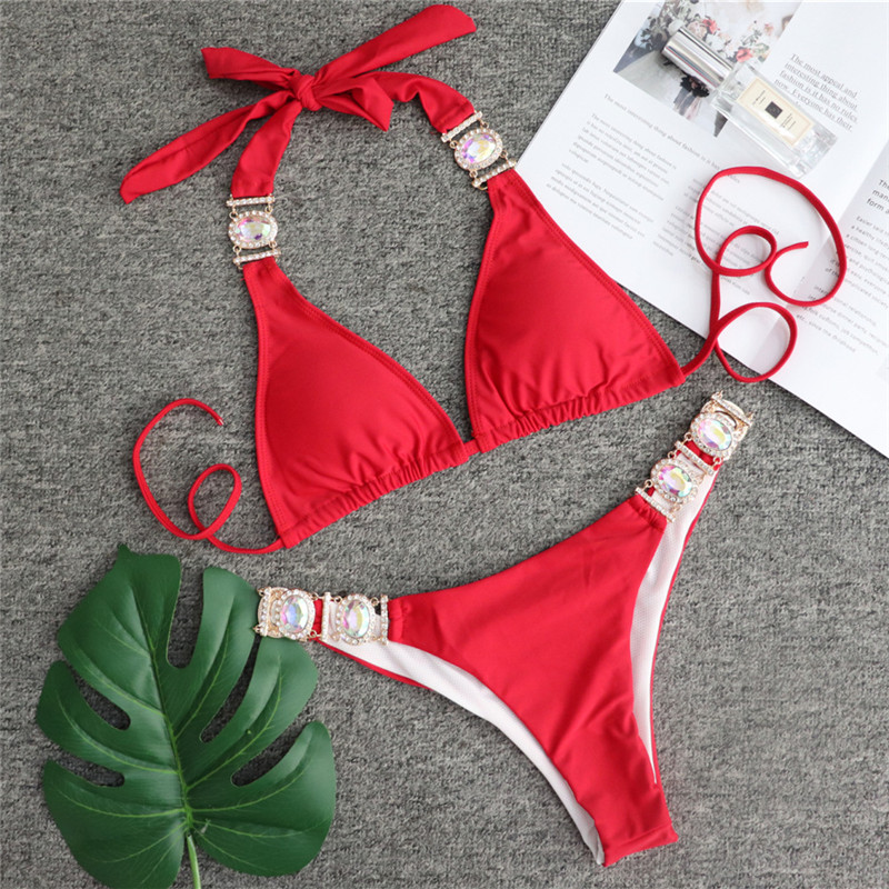 Title 2, Sport Bikini Sexy Rot Split mit Kristall-Diaman...