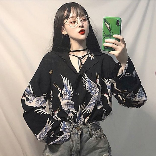 Crane Print Shirt Men's Long-Sleeved Ethnic Tide Ancient Style