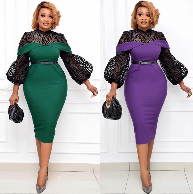 African Woman Polka Dot Mesh Lantern Sleeve High Waist Dress