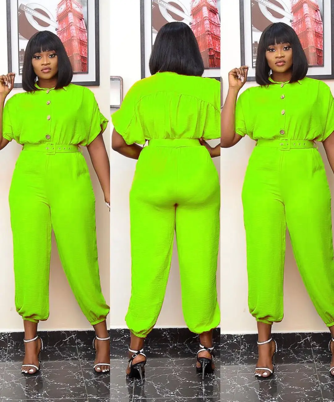 Women's Buttoned Short Sleeved Loose Fitting African Jumpsuit Trousers