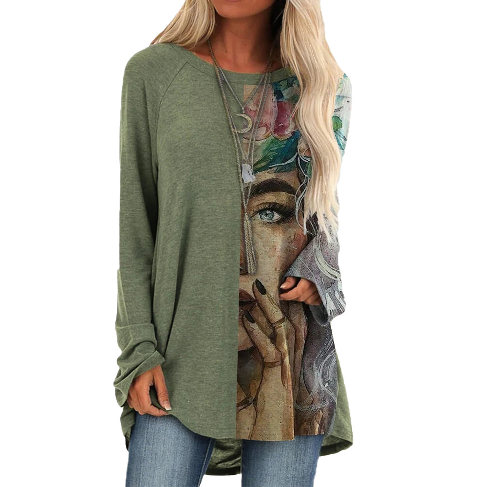 Round Neck Pullover Long Sleeves Loose Urban Casual Printed Mid-Length T-Shirt