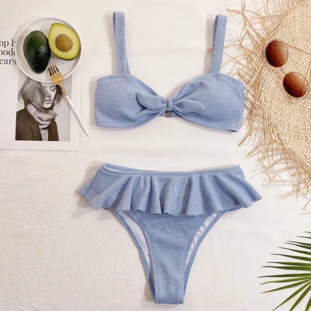 Ladies Ruffle Knitted Fabric Ladies Swimsuit Bikini Blue - Shop at LoveMi