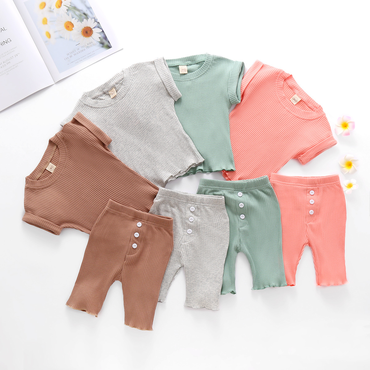 Knitted T-shirt Trousers Casual Multi-color Suit