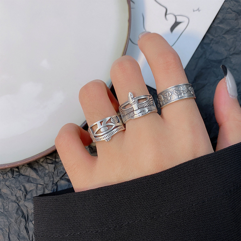 S925 Sterling Silver Geometric  Index Finger Frosted Retro Ring Female Ins Tide Fashion Retro Personality Thai Silver Finger Ring