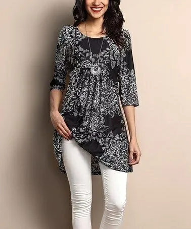 European And American Slim Three Quarter Sleeve Printed Mid Length T Shirt Black - Shop at LoveMi