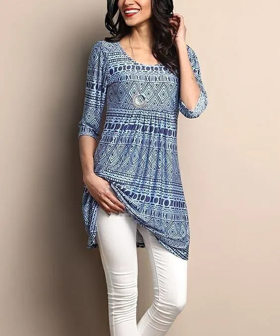 European And American Slim Three Quarter Sleeve Printed Mid Length T Shirt Blue - Shop at LoveMi