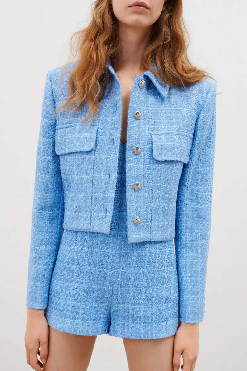 Blue texture plaid short jumpsuit ladies casual spring V-neck