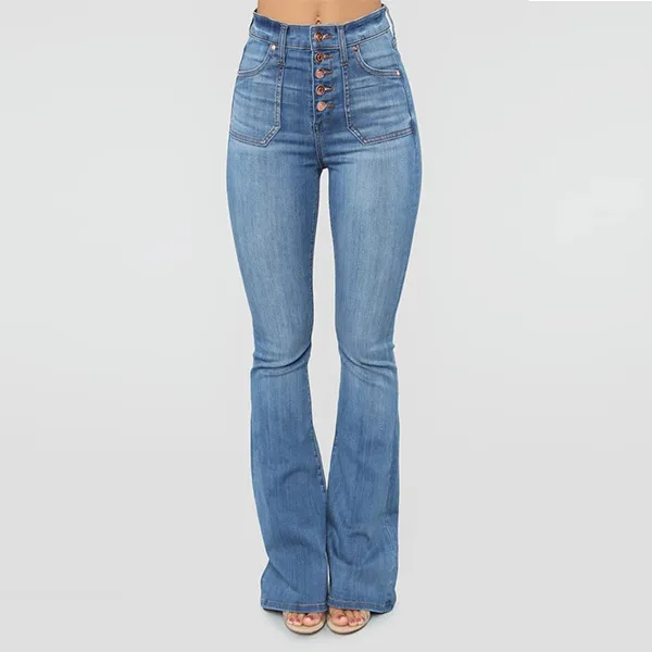 Ladies Jeans Patch Pockets Buttoned Thin Denim Trousers Light Blue - Shop at LoveMi