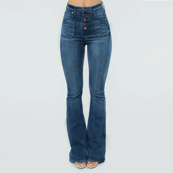 Ladies Jeans Patch Pockets Buttoned Thin Denim Trousers Blue - Shop at LoveMi