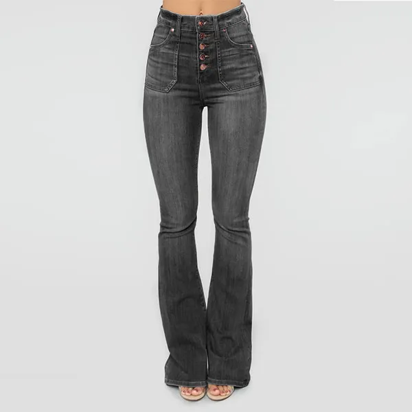 Ladies Jeans Patch Pockets Buttoned Thin Denim Trousers Black - Shop at LoveMi