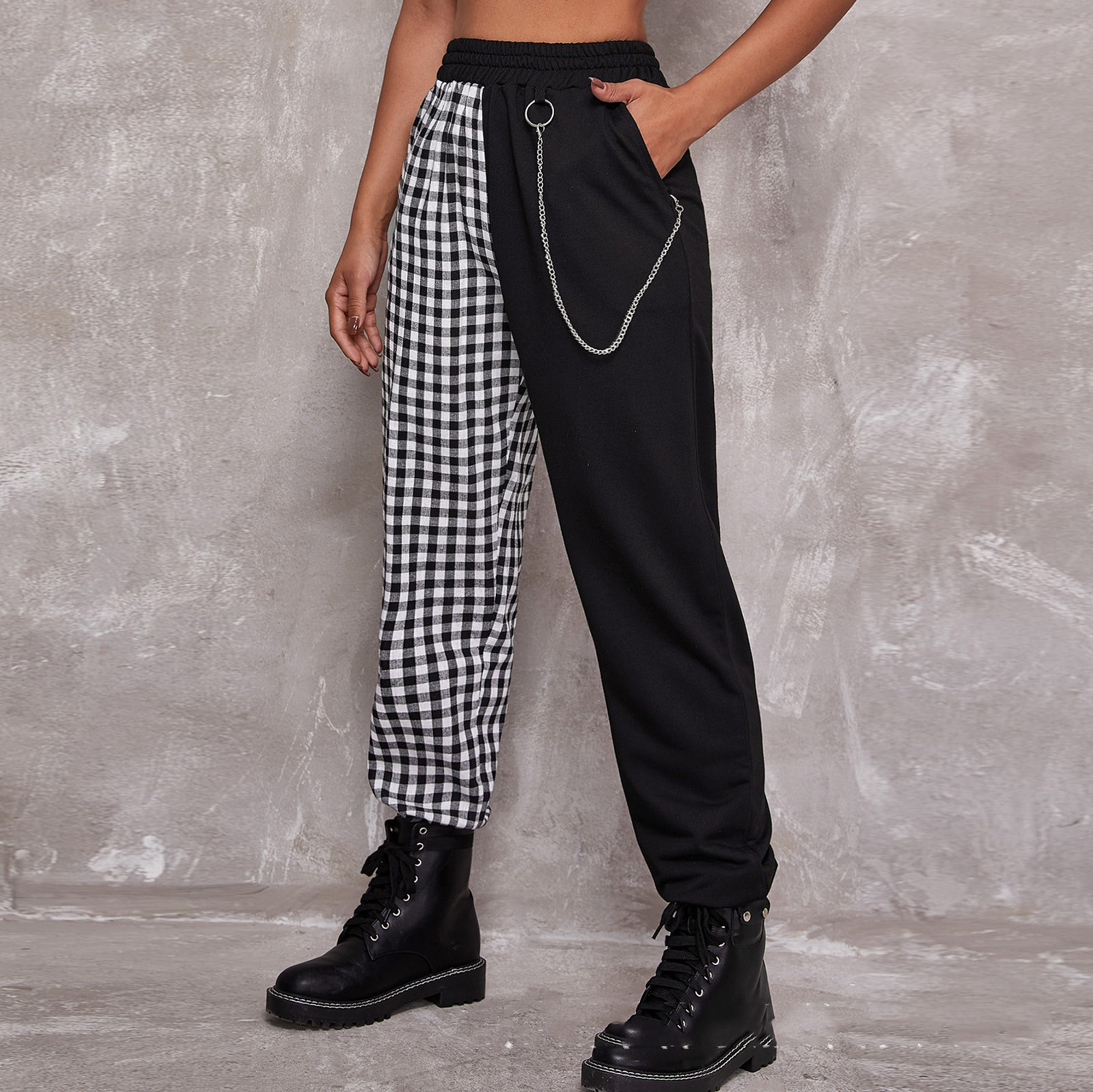 Two-tone Stitching Chain Detail Check Trousers