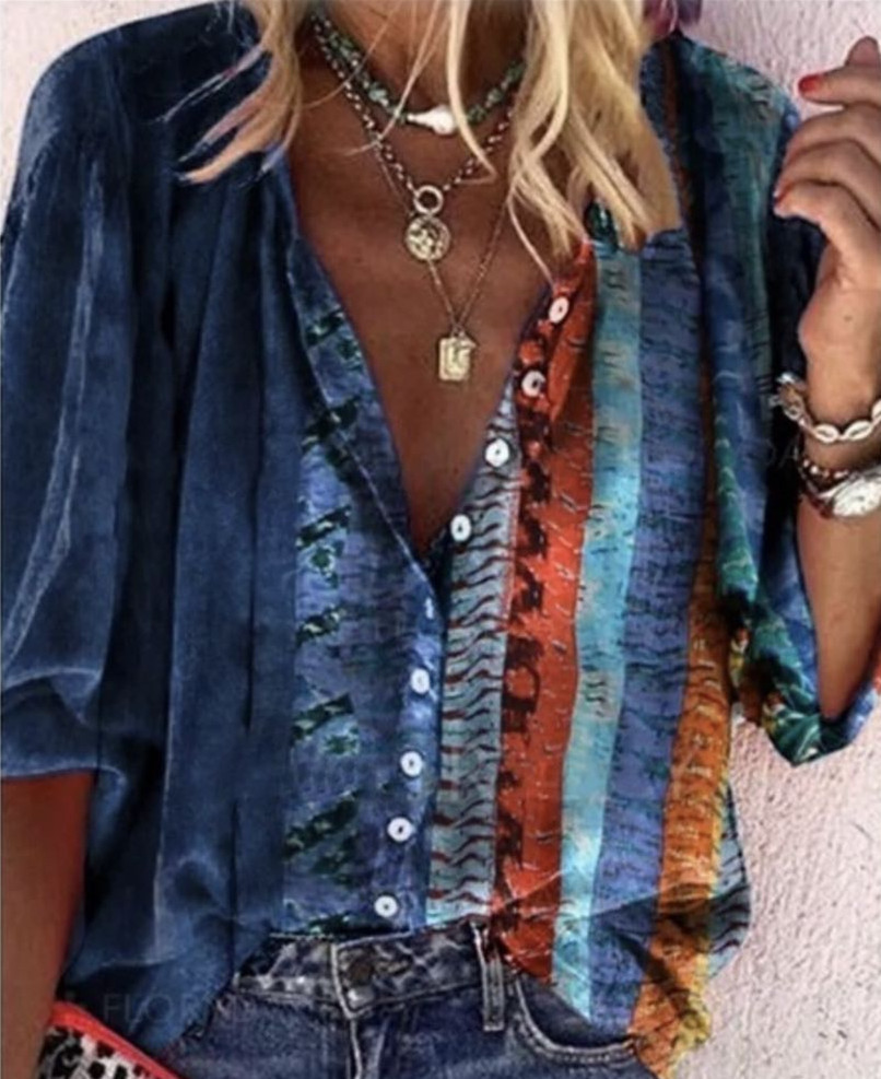 Printed Long-sleeved V-neck Buttoned Ladies Shirt