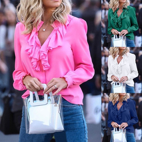 Solid Color Ruffled V-neck Pullover Chiffon Shirt