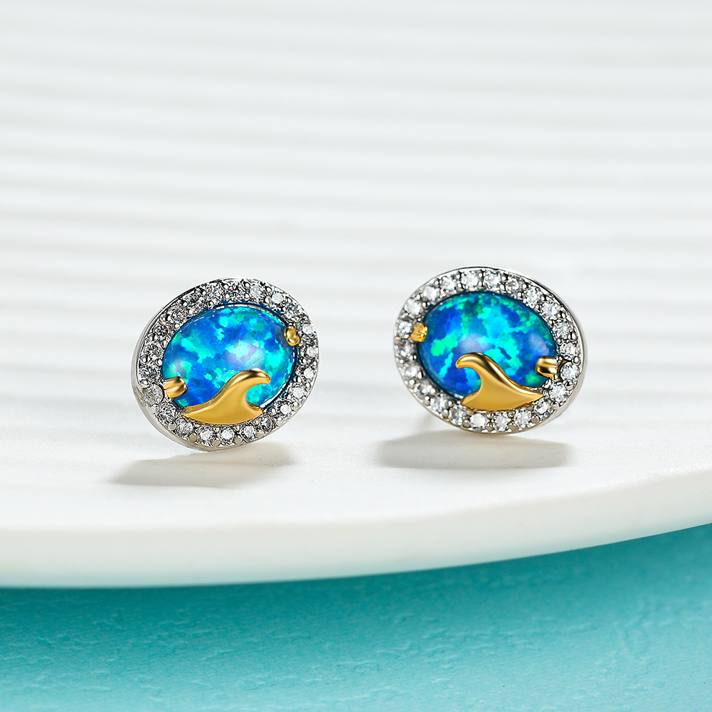 Fashion Oval Opal Golden Spray Stud Earrings