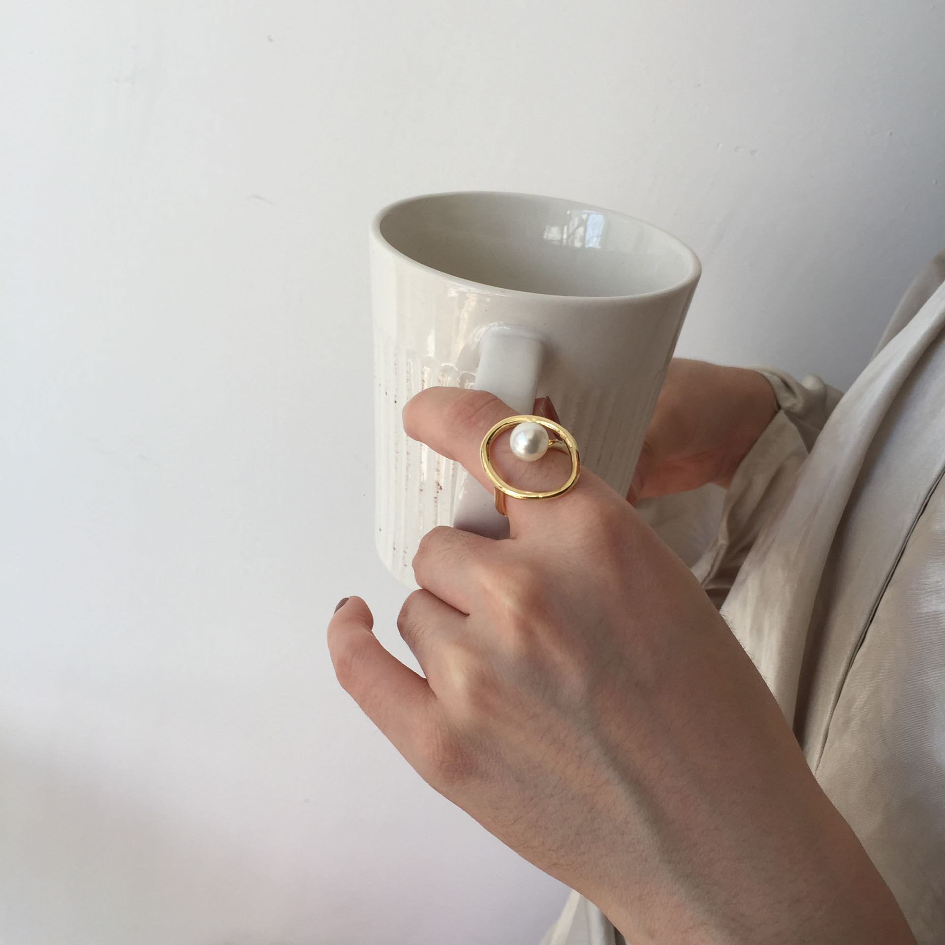 Simple Cold Wind Pearl Ring Niche Copper Real Gold Index Finger Ring