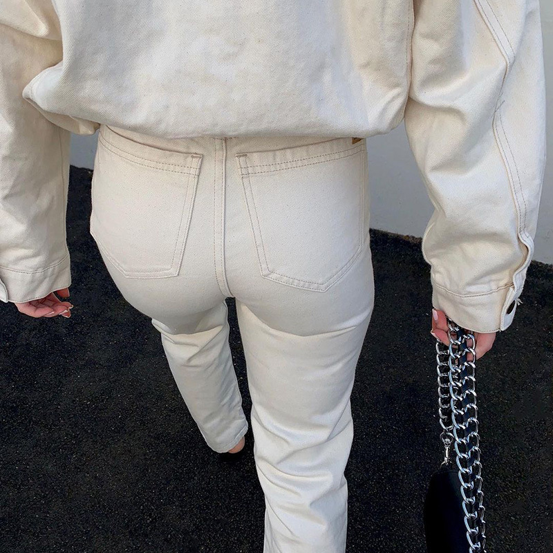 High-waisted Cotton Street Straight-leg Gray Casual Pants