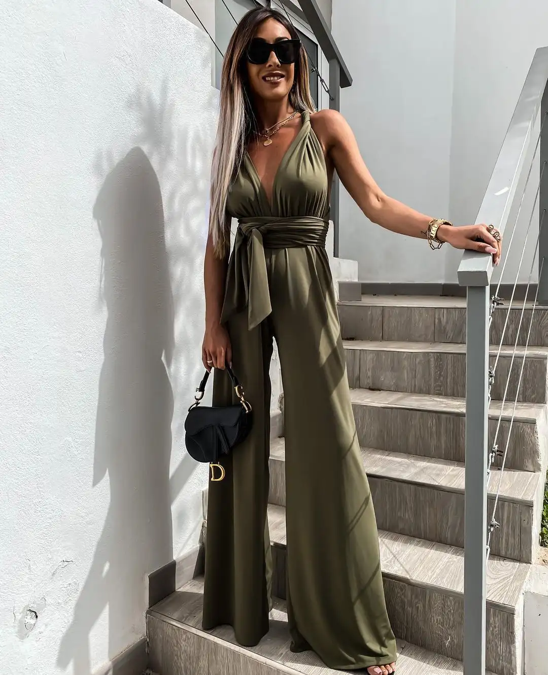 Sleeveless Solid Color Lace-Up Jumpsuit