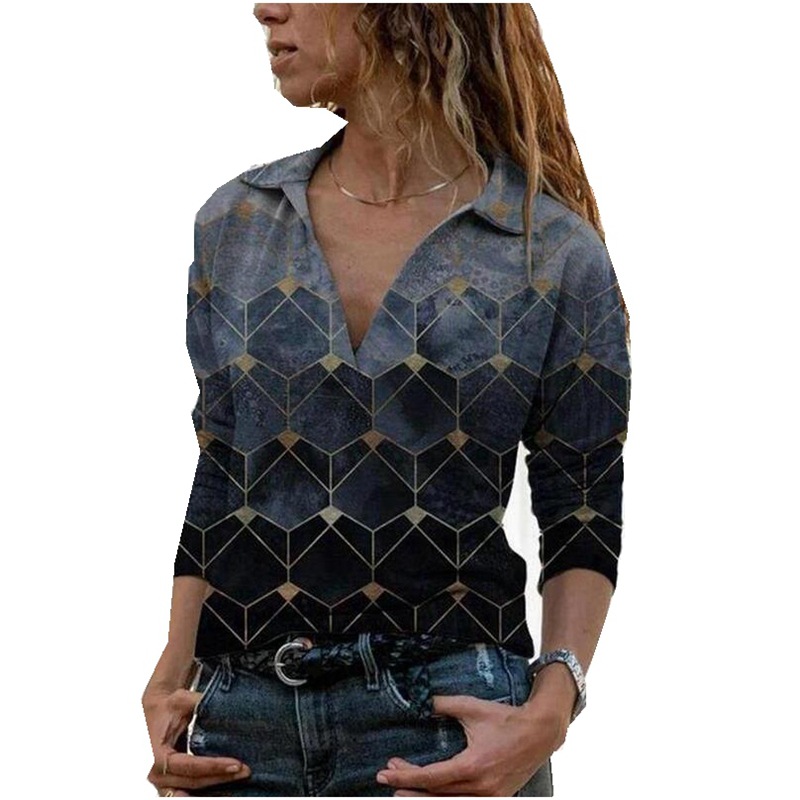 Printed Long-sleeved V-neck Urban Casual Pullover Top
