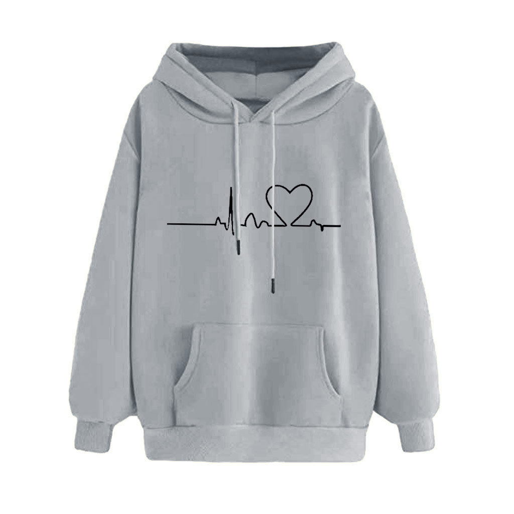Loose Hooded Sweatshirt with ECG Heart Print