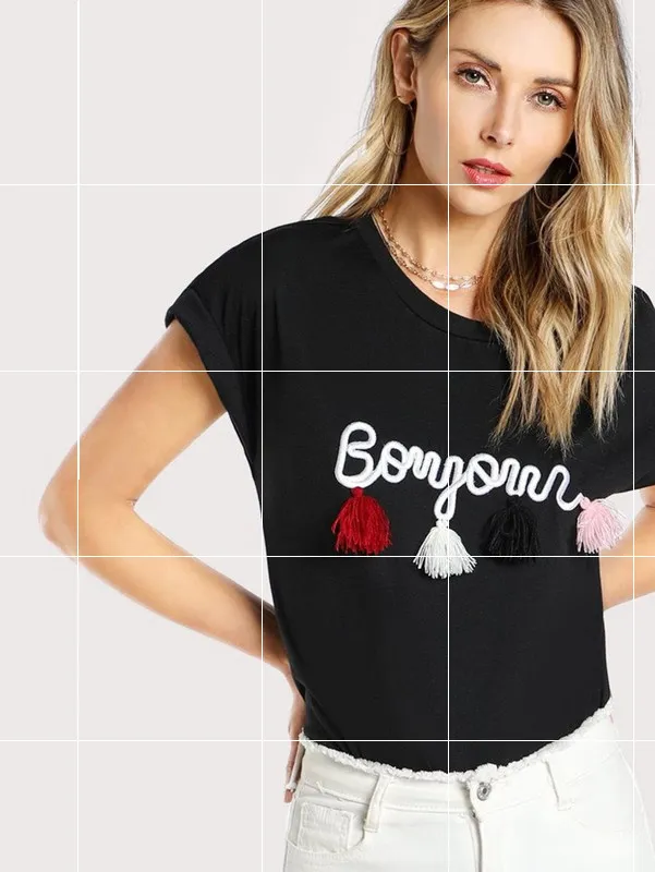 Letter Embroidered Cotton Blend Tassel Bat Sleeve T shirt Black - Shop at LoveMi