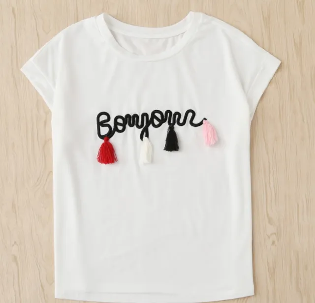 Letter Embroidered Cotton Blend Tassel Bat Sleeve T shirt Red - Shop at LoveMi
