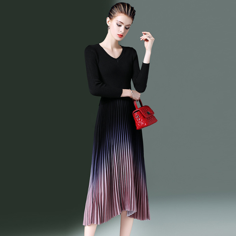 Fashion Women's Knitted Bottoming Pleated Dress
