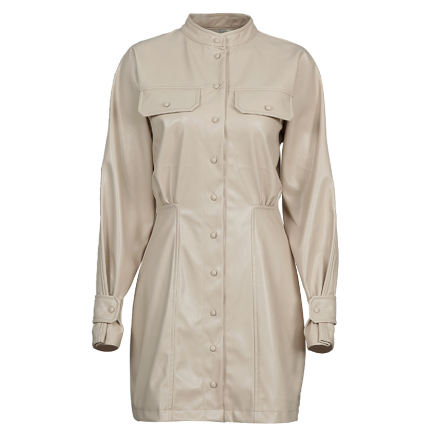 .Fashionable High Neck, Long Sleeves, Slim Pockets, Thin, Puff Sleeves, PU Bag Hip Dress