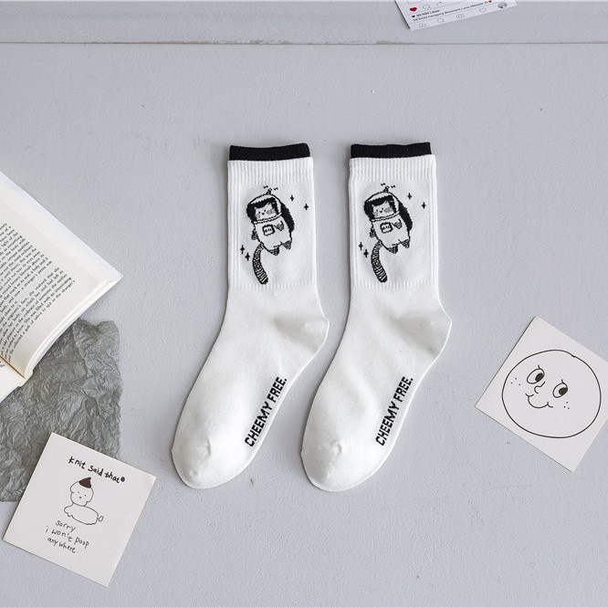 Black And White Cartoon Character Jacquard Cotton Socks