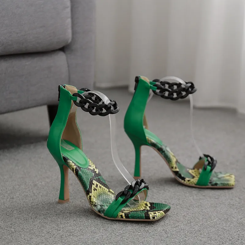 New Metal Chain Word With Thick High-Heel Catwalk Women's Sandals - Green