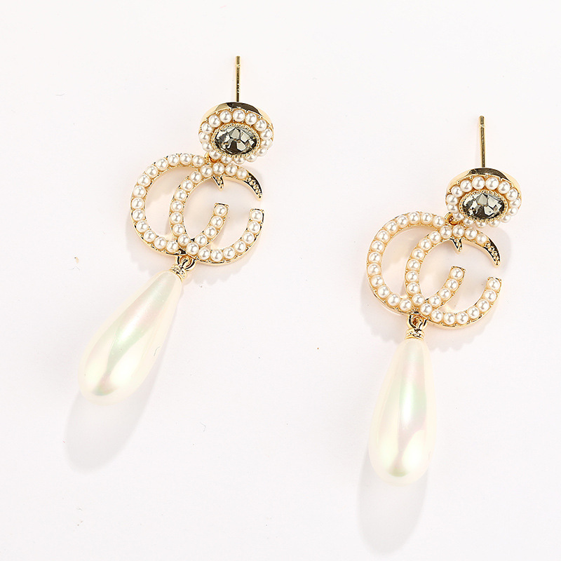 S925 Silver Needle Long Double C Pearl Earrings