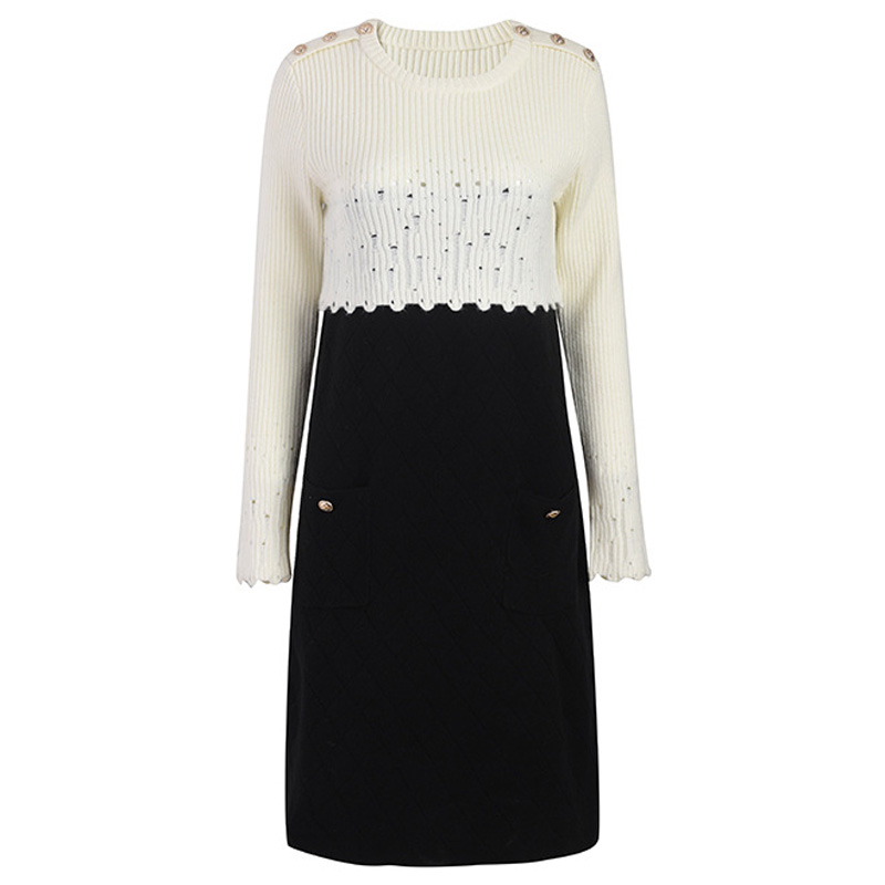 Black And White Stitching Kknit Dress With Waist Waist And Thin Temperament Package Hip Skirt