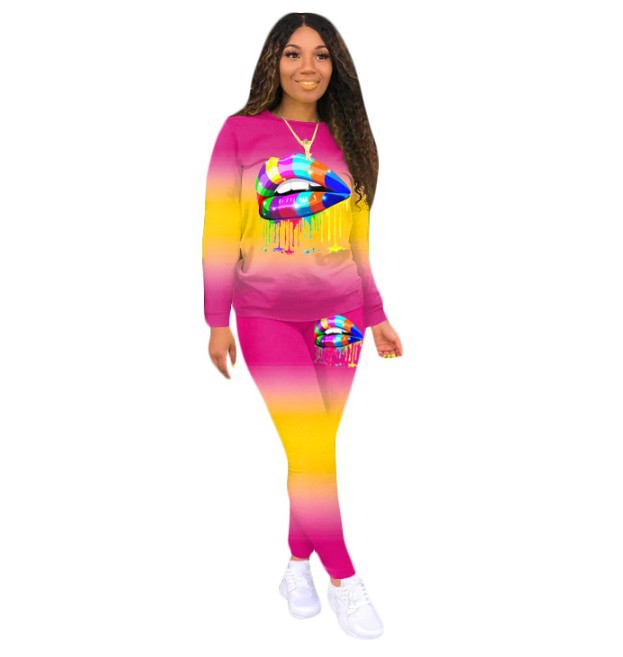 Fashion Casual Gradient Color Lips Print Long-sleeved Trousers Sports Suit